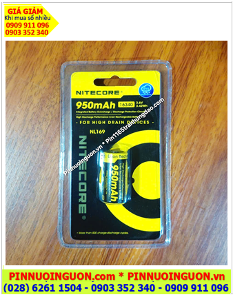 Nitecore NL169; Pin sạc 3.6v-3.7v 16340 Lithium Li-ion Nitecore NL169 (950mAh Nội trở 3.7Wh) chính hãng